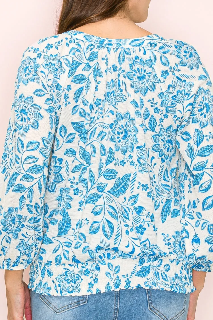 SMOCKING HEM TIE NECK PEASANT BLOUSE