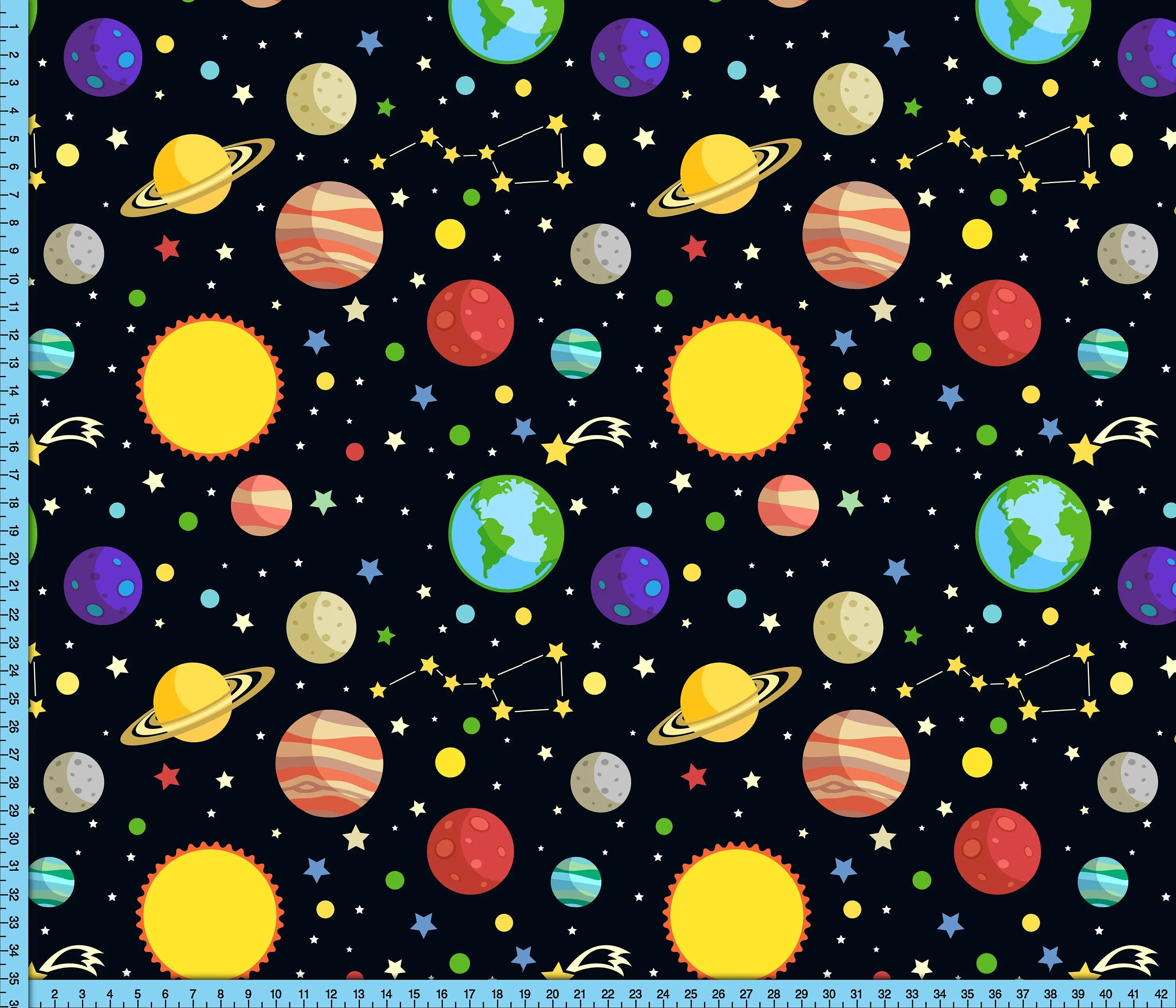 Solar System Stars Fabric By The Yard, Planets and Space Pattern, Custom Printed on the fabric of your choice