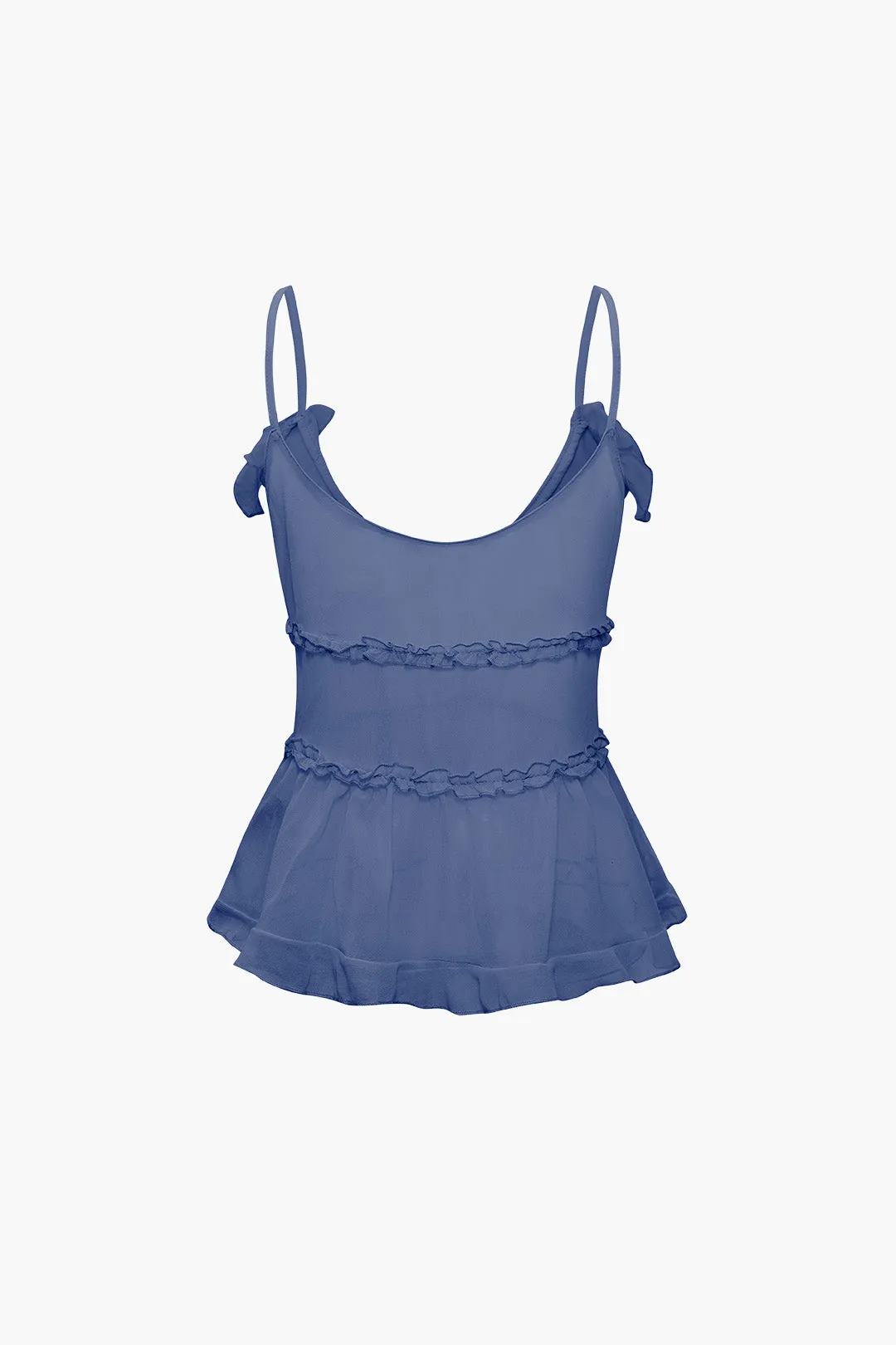 Solid Color Tie Front Sheer Ruffle Cami Top 