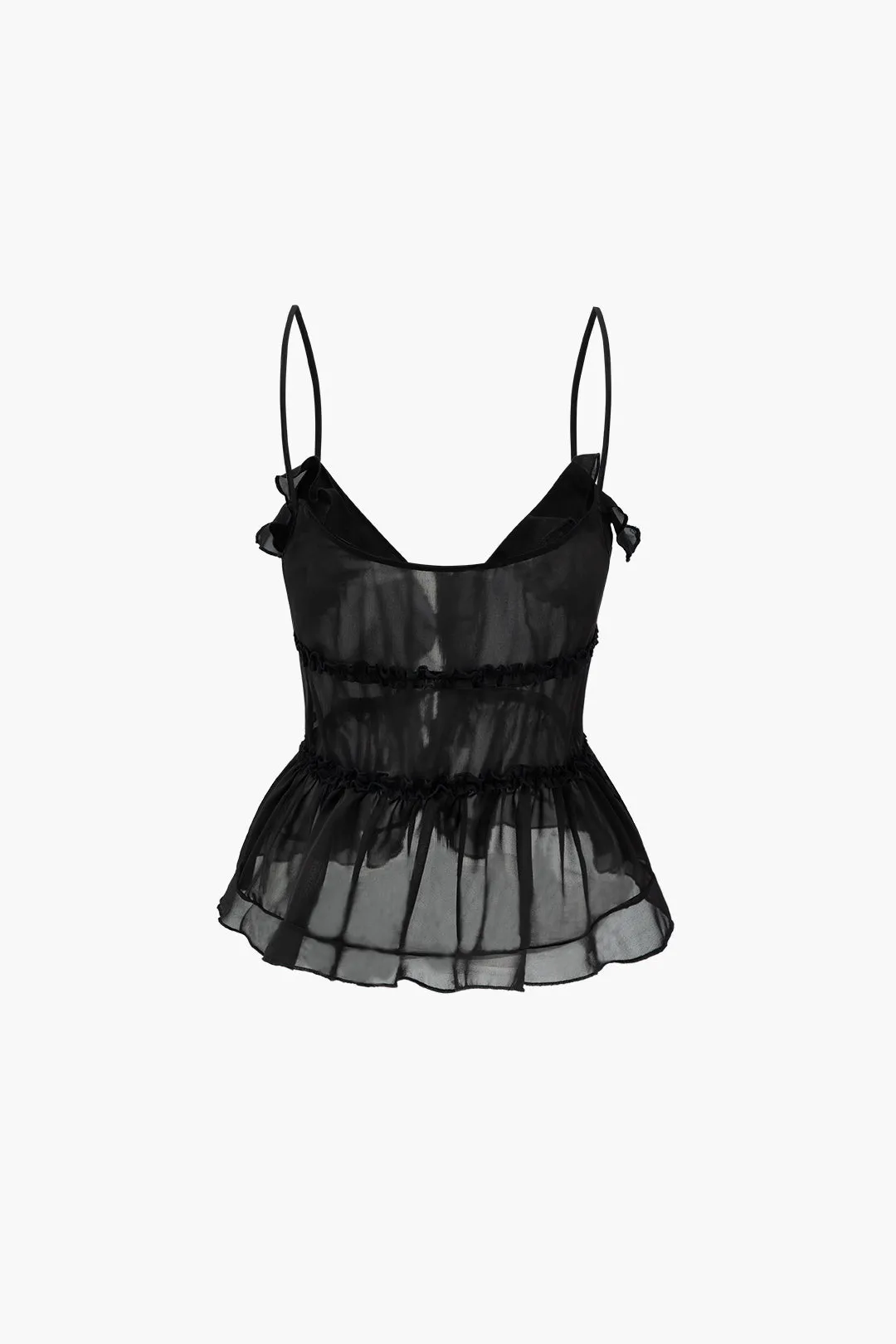 Solid Color Tie Front Sheer Ruffle Cami Top 