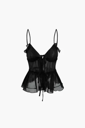 Solid Color Tie Front Sheer Ruffle Cami Top 