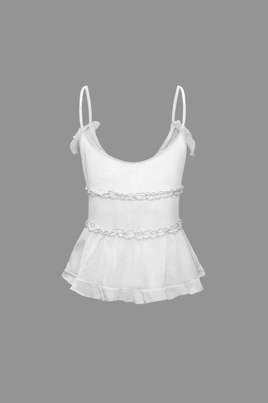 Solid Color Tie Front Sheer Ruffle Cami Top 