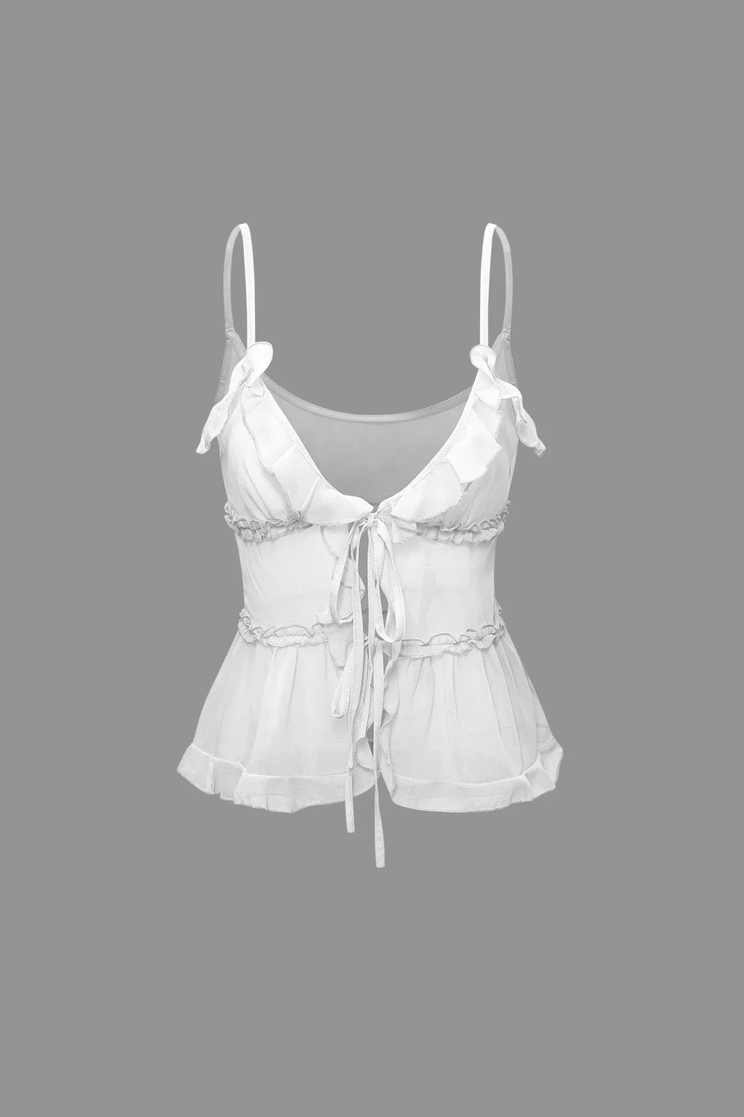 Solid Color Tie Front Sheer Ruffle Cami Top 