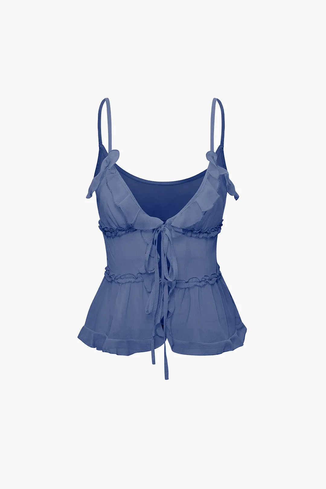 Solid Color Tie Front Sheer Ruffle Cami Top 
