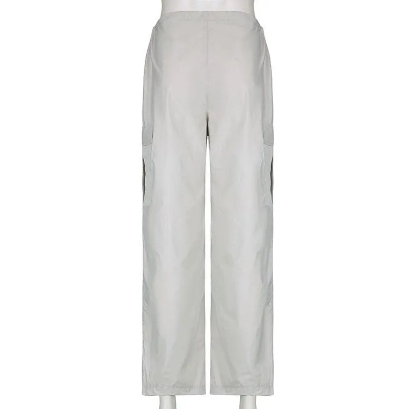 Solid drawstring cargo pocket zip-up wide leg