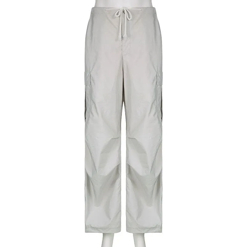 Solid drawstring cargo pocket zip-up wide leg