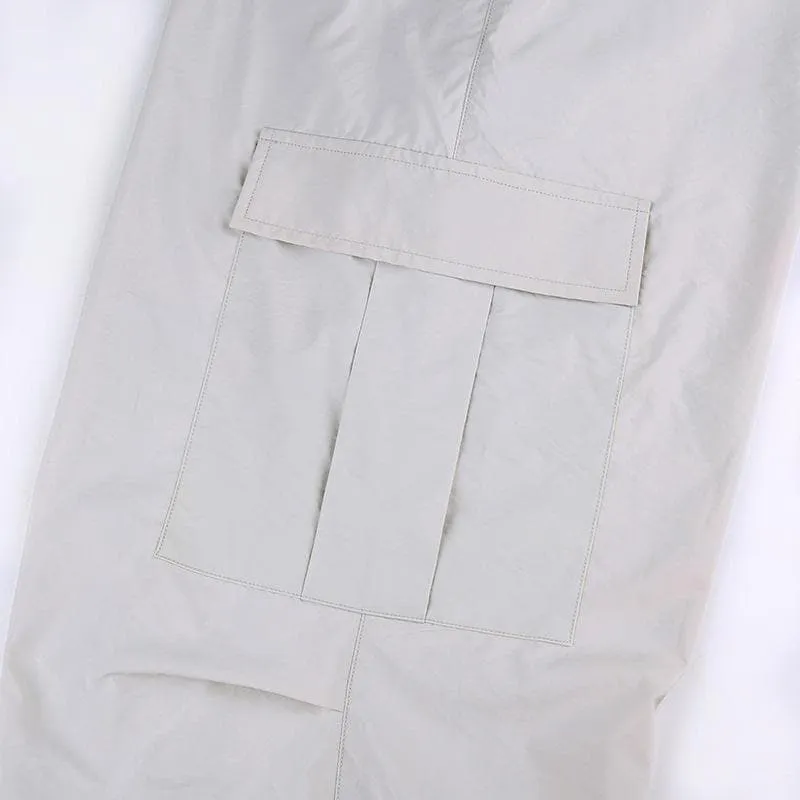 Solid drawstring cargo pocket zip-up wide leg