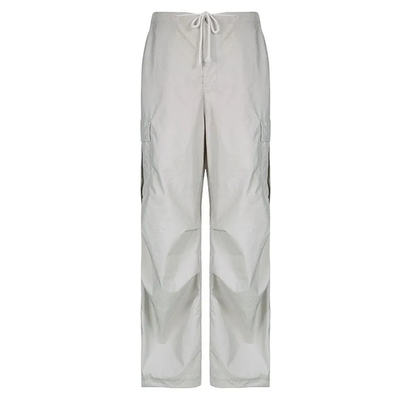 Solid drawstring cargo pocket zip-up wide leg