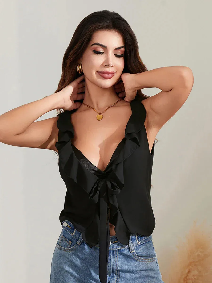 Solid Tie Front Sleeveless Ruffle Trim Low Cut Crop Top