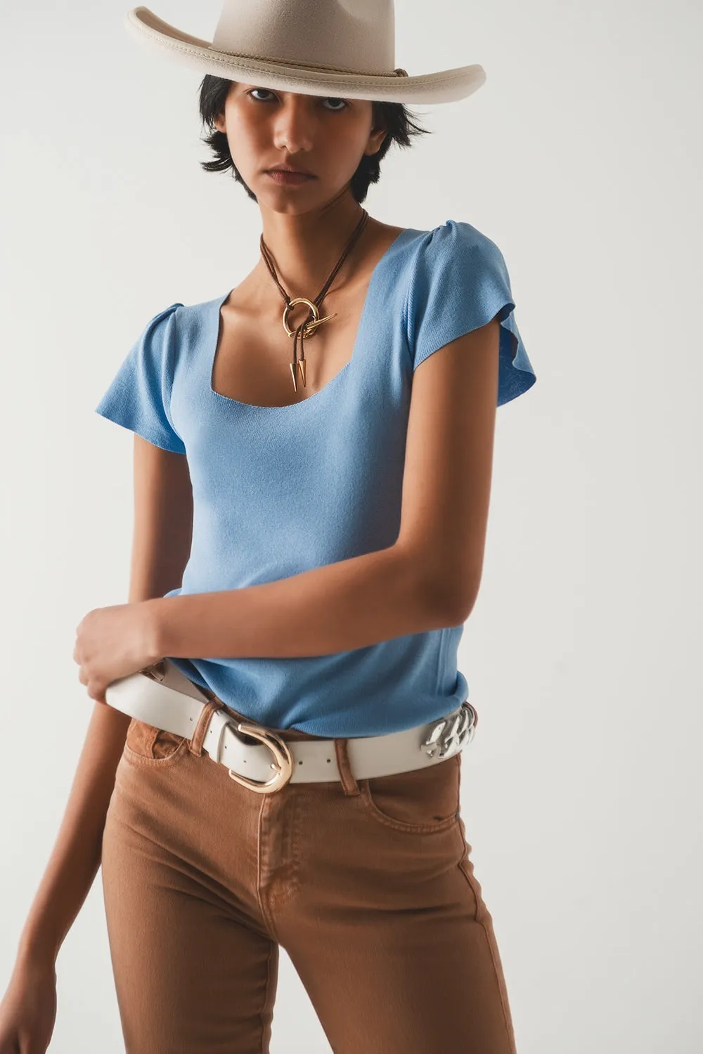square neck puff sleeve sweater in blue