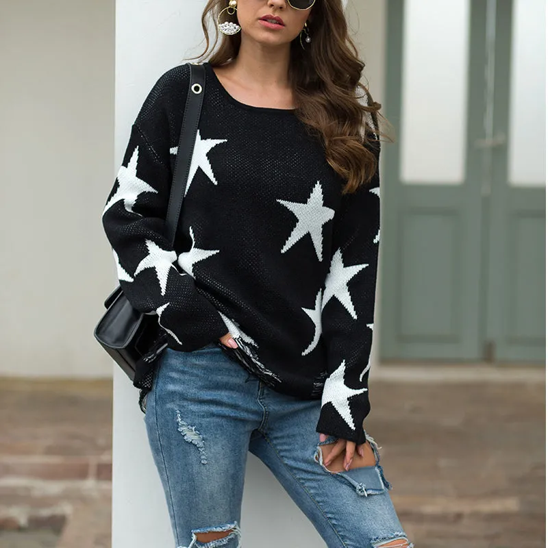 Star Pattern Round Neck Hole Sweater