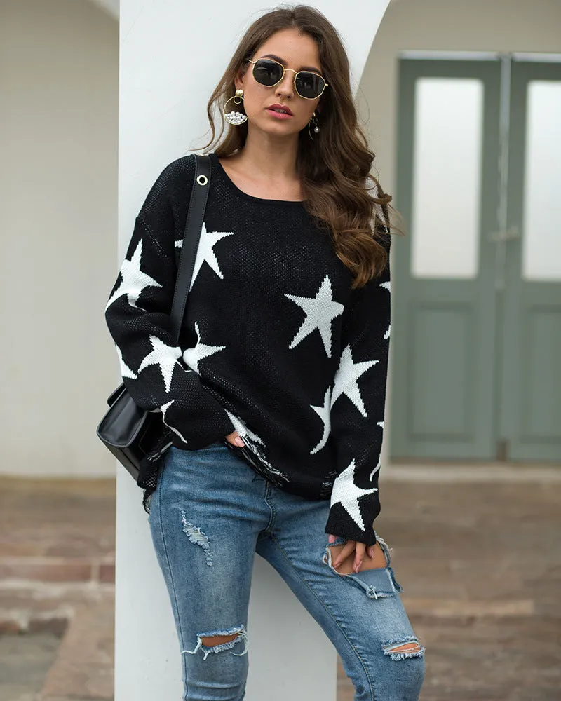 Star Pattern Round Neck Hole Sweater