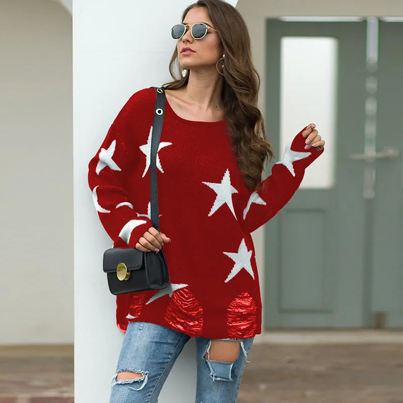 Star Pattern Round Neck Hole Sweater