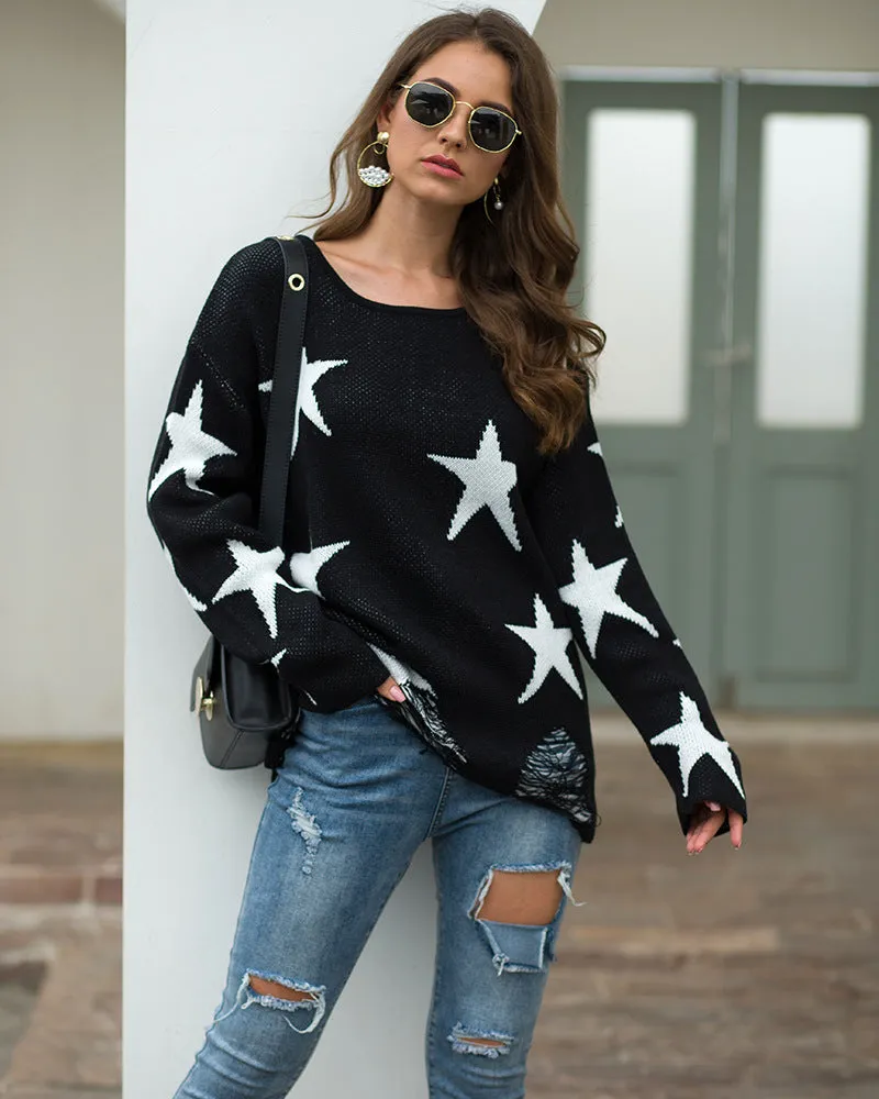 Star Pattern Round Neck Hole Sweater