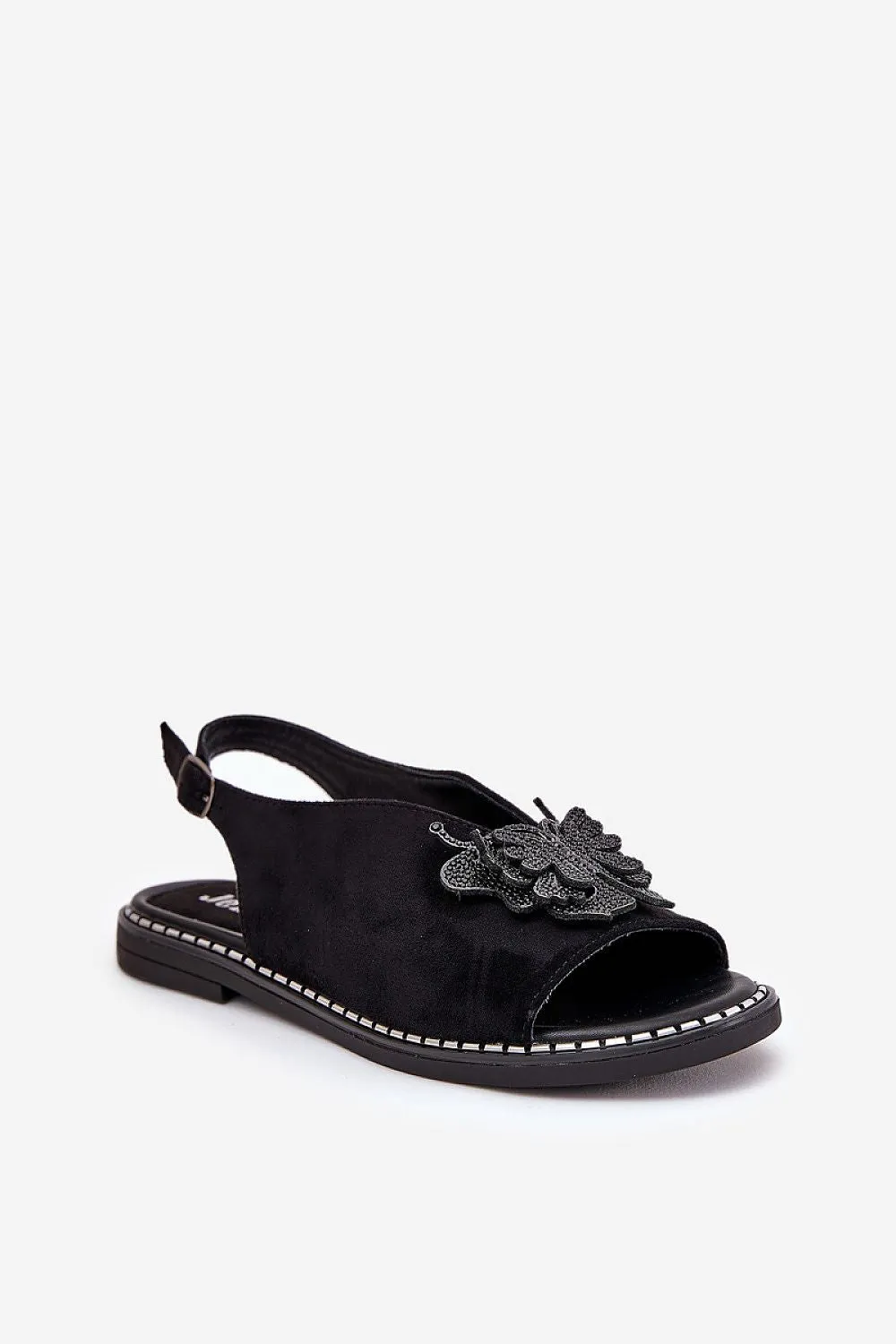 Step in Style Black Suede Ankle Strap Sandals with Butterfly Decoration