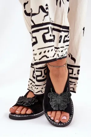 Step in Style Black Suede Ankle Strap Sandals with Butterfly Decoration