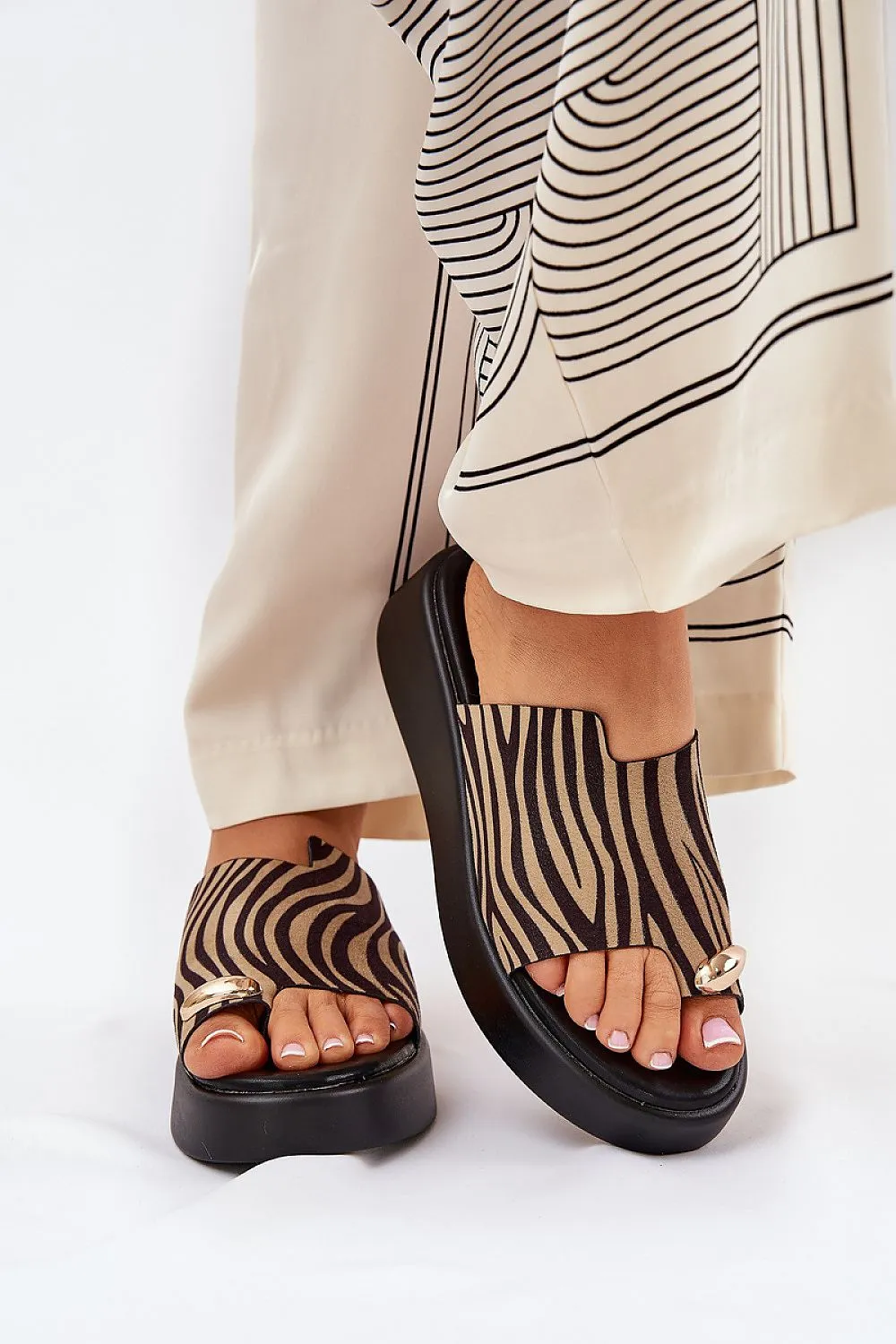 Step in Style Eco Suede Brown Striped Wedge Platform Sandal Slides