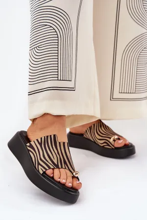 Step in Style Eco Suede Brown Striped Wedge Platform Sandal Slides