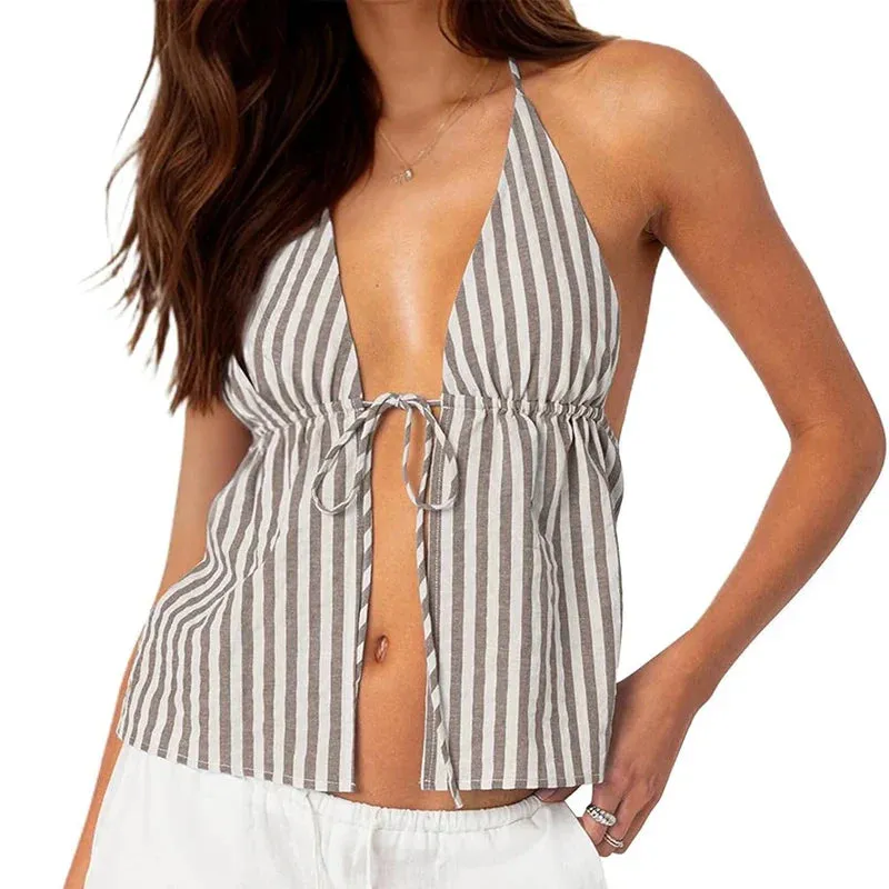 Striped Front Tie Halter Low Cut Crop Top