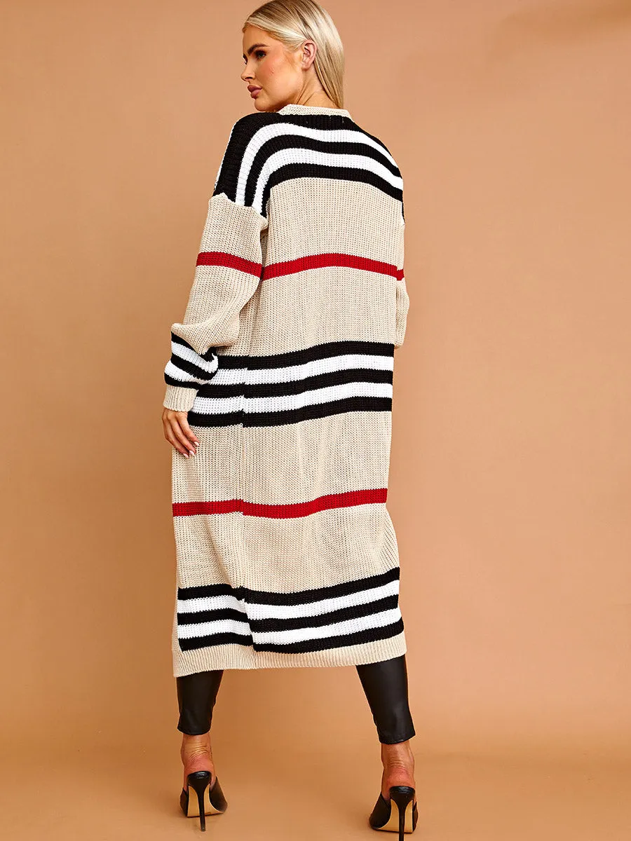 Striped Longline Knitted Open Cardigan