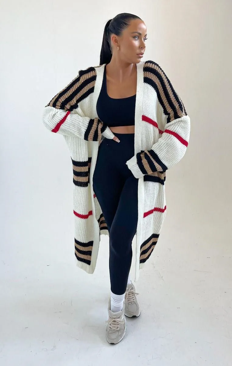 Striped Longline Knitted Open Cardigan