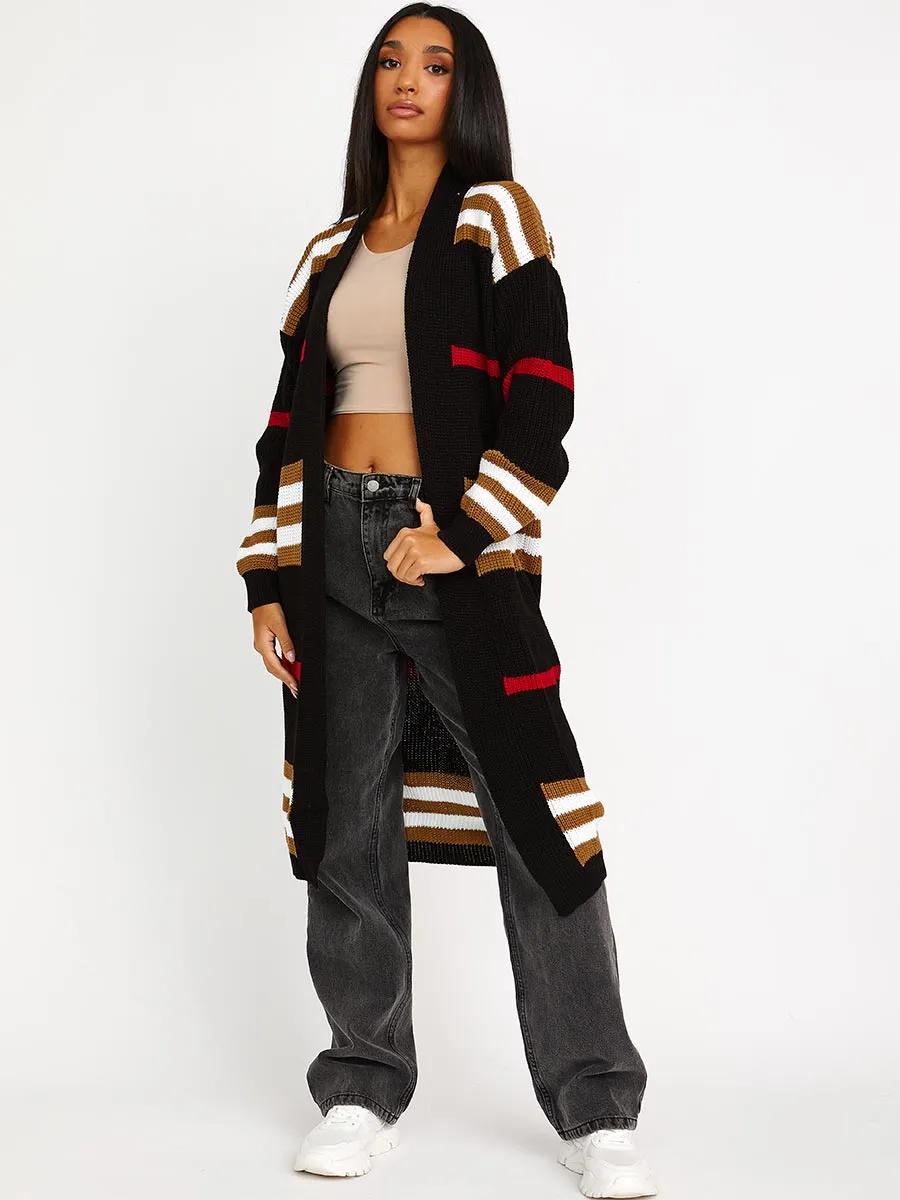 Striped Longline Knitted Open Cardigan