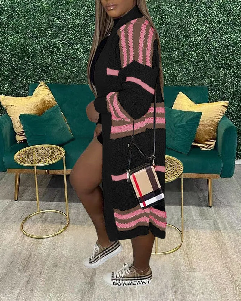 Striped Open Front Chunky Knit Longline Cardigan