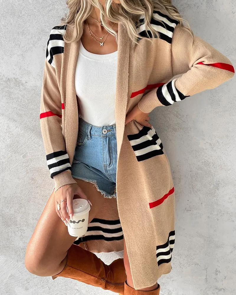 Striped Open Front Longline Knit Cardigan