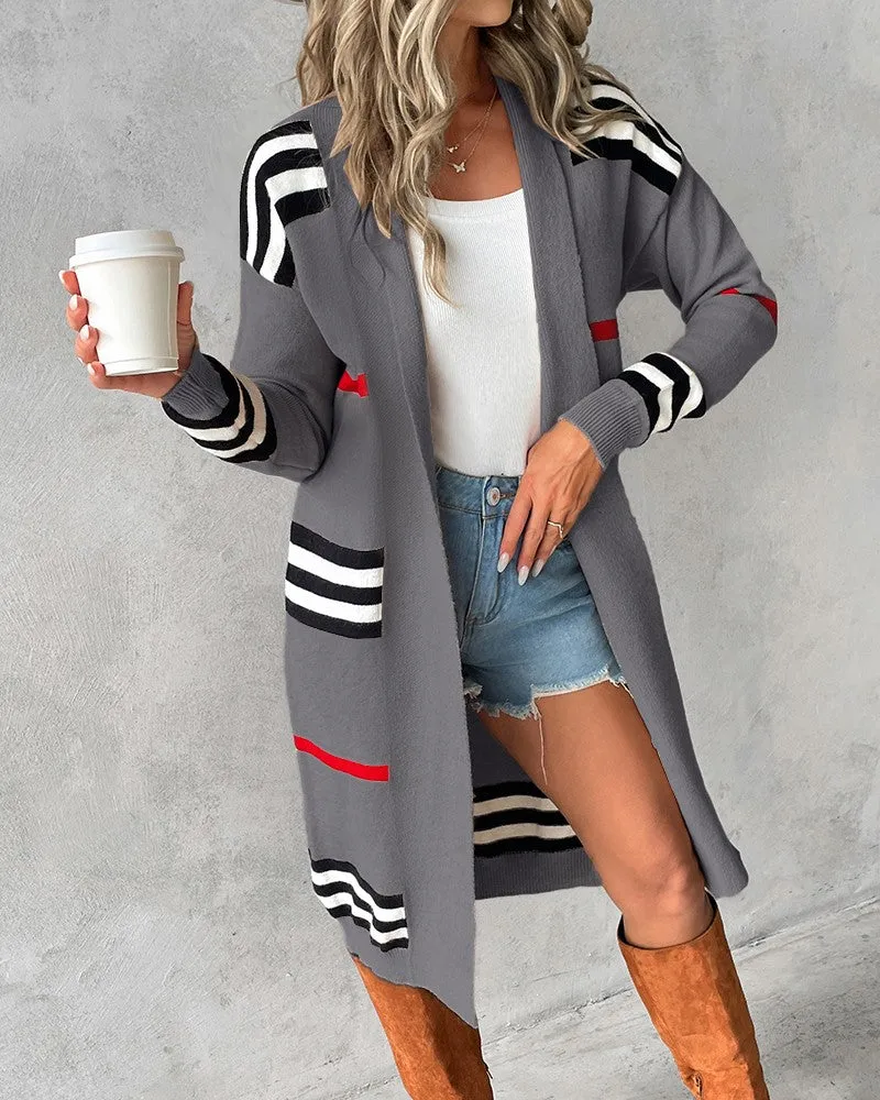 Striped Open Front Longline Knit Cardigan