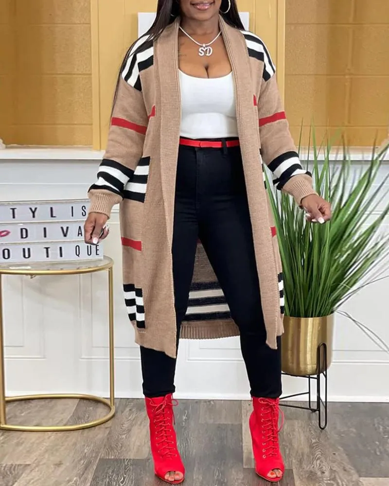 Striped Open Front Longline Knit Cardigan
