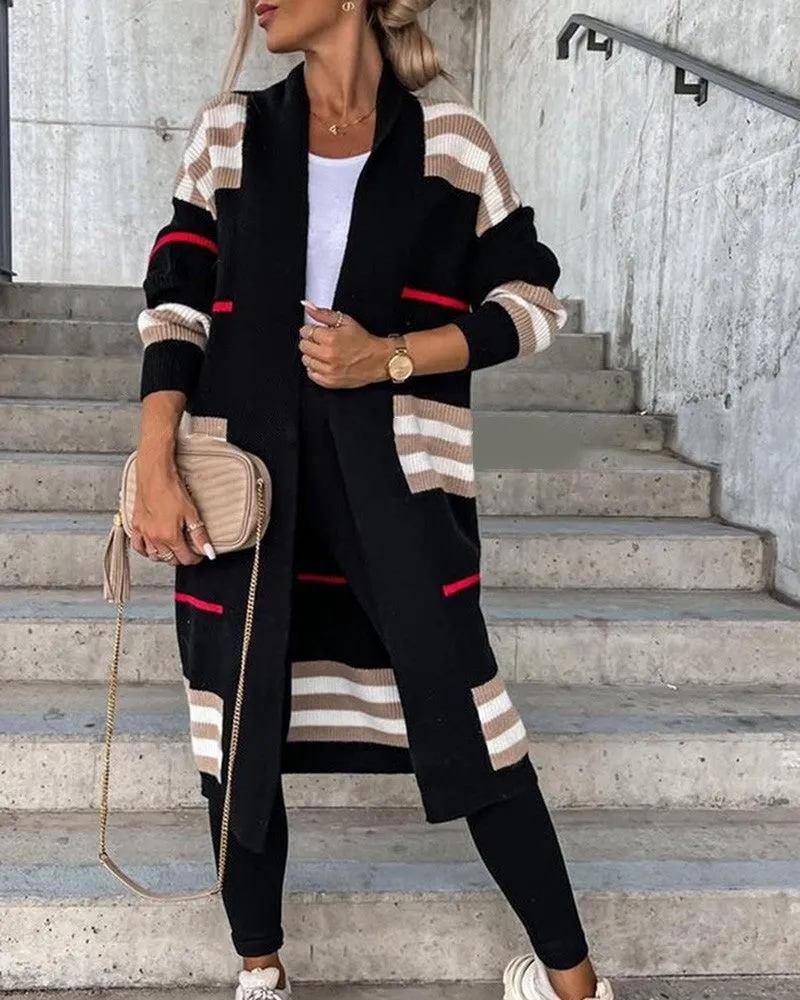 Striped Open Front Longline Knit Cardigan