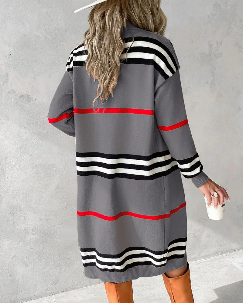 Striped Open Front Longline Knit Cardigan