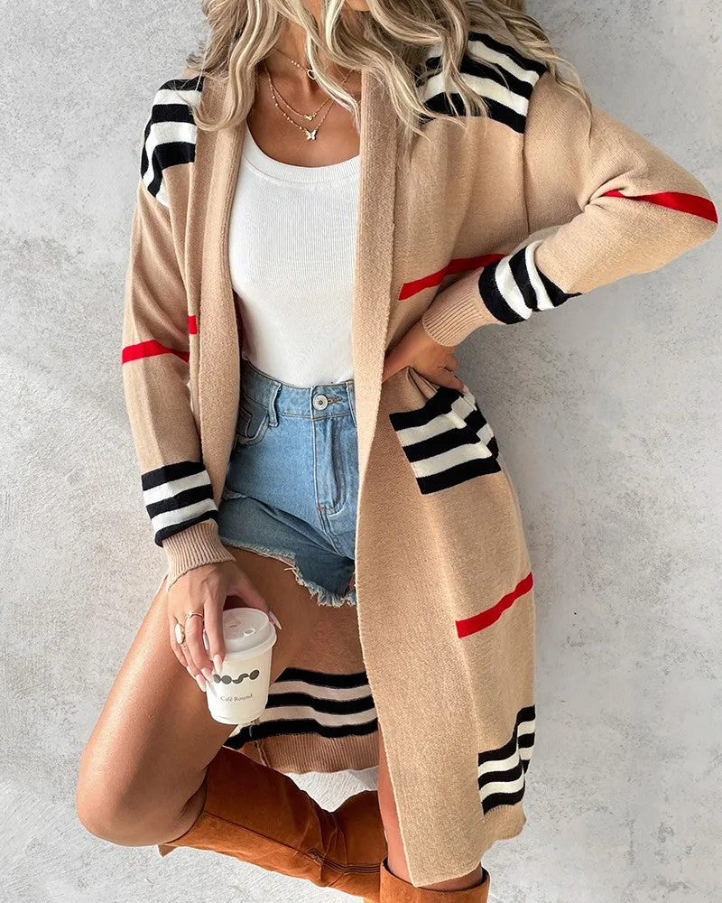 Striped Open Front Longline Knit Cardigan