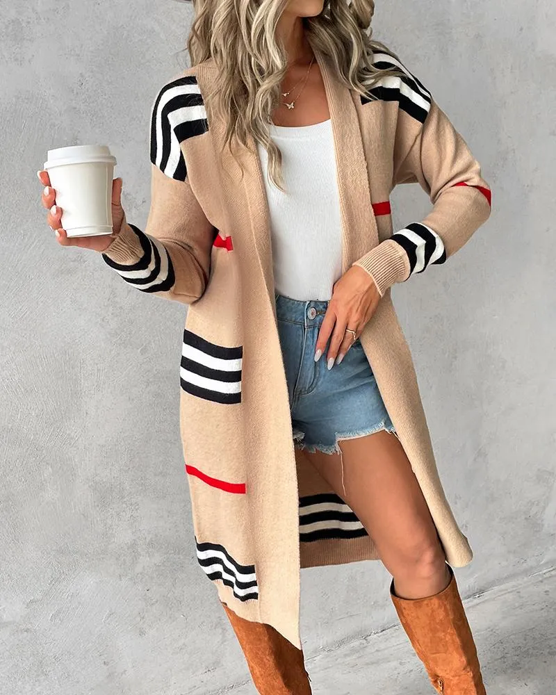Striped Open Front Longline Knit Cardigan
