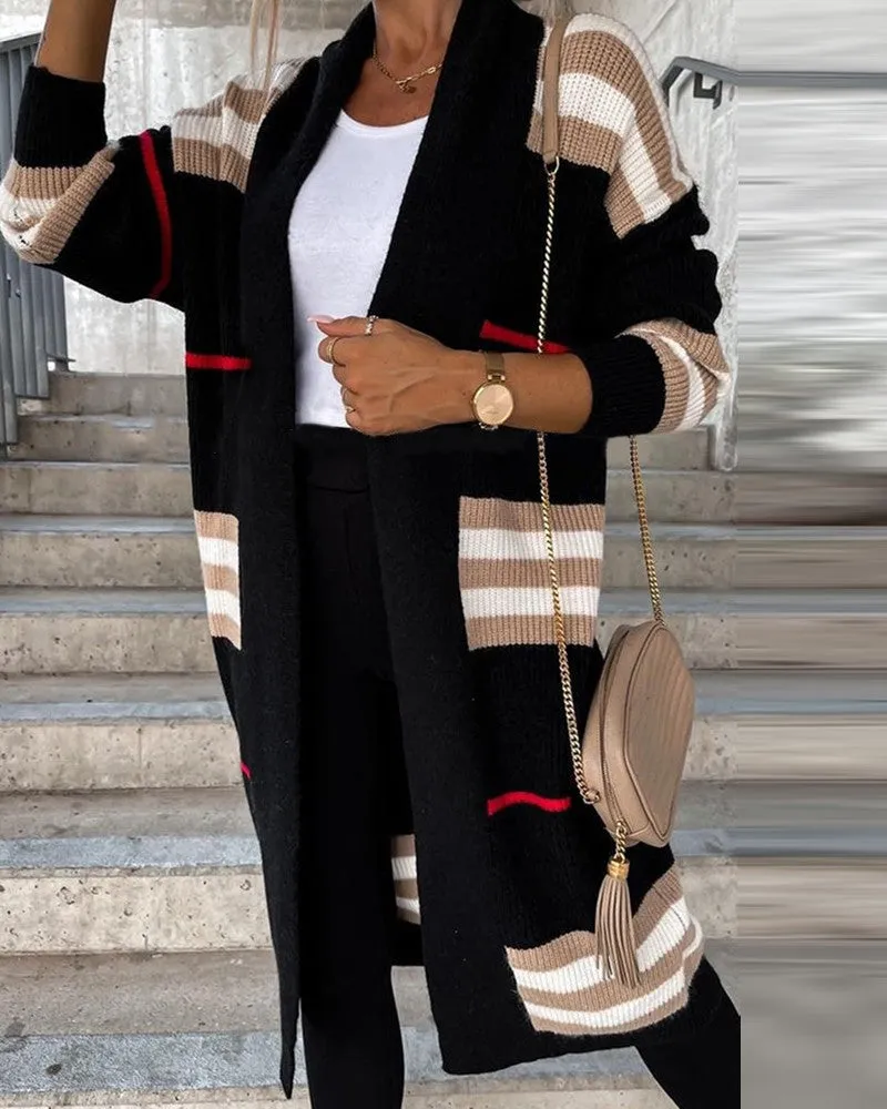 Striped Open Front Longline Knit Cardigan