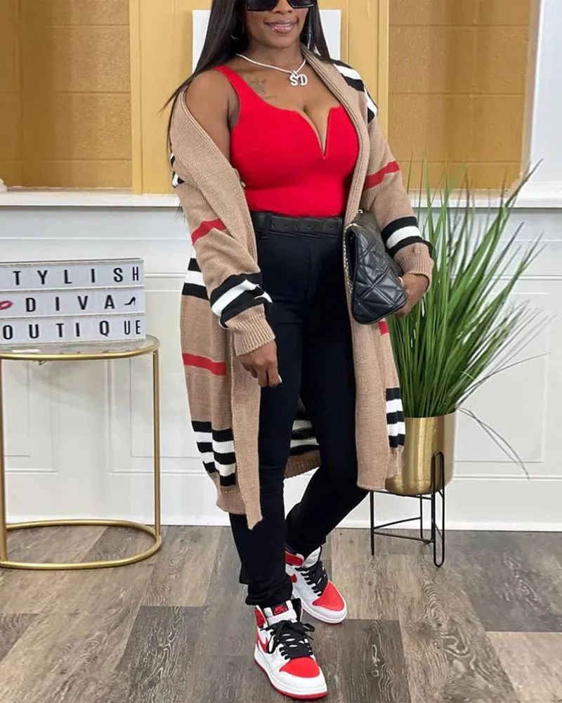 Striped Open Front Longline Knit Cardigan