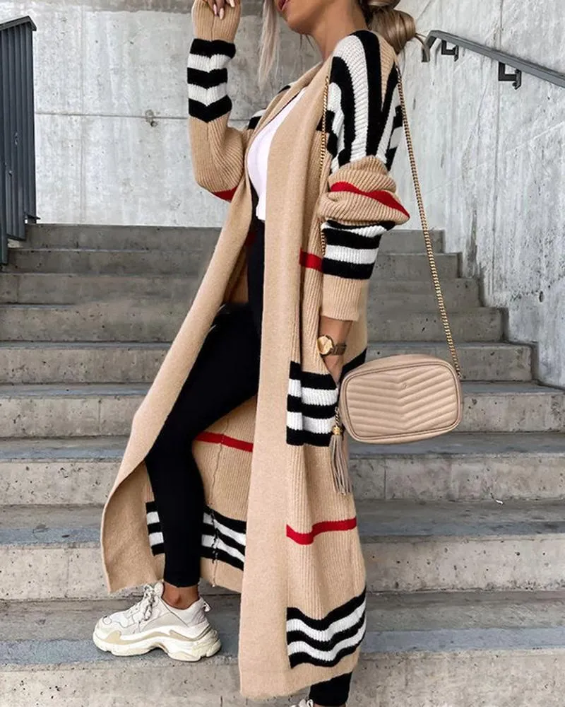 Striped Open Front Longline Knit Cardigan