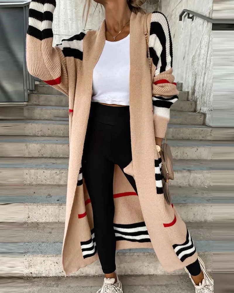 Striped Open Front Longline Knit Cardigan