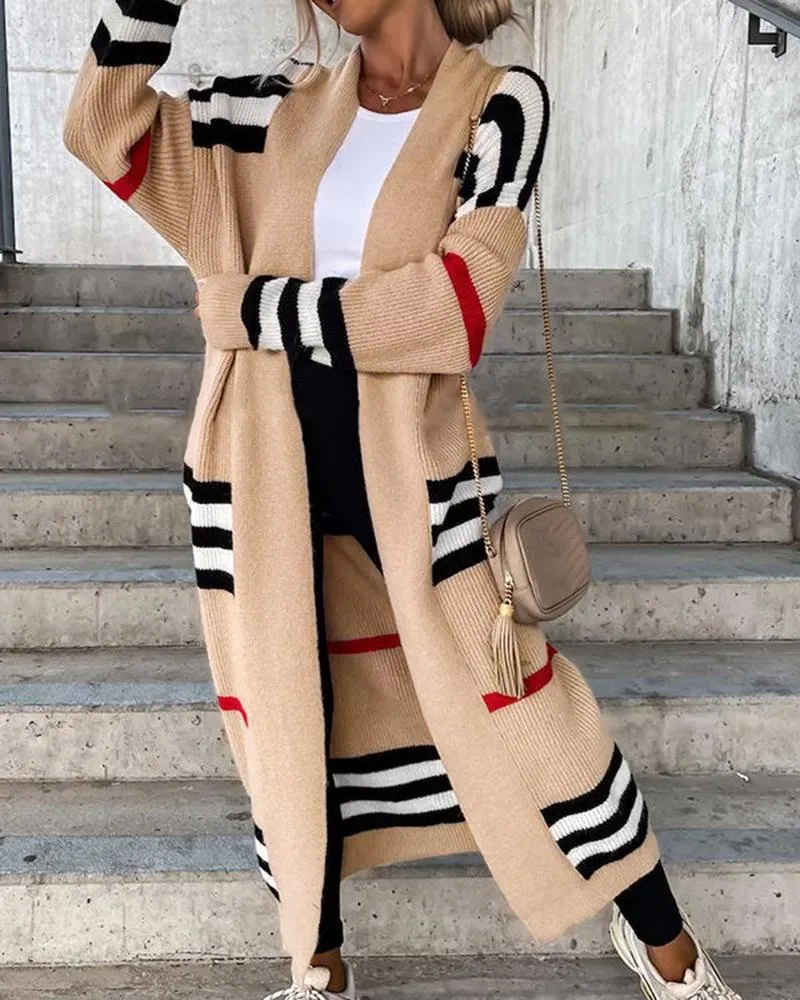 Striped Open Front Longline Knit Cardigan
