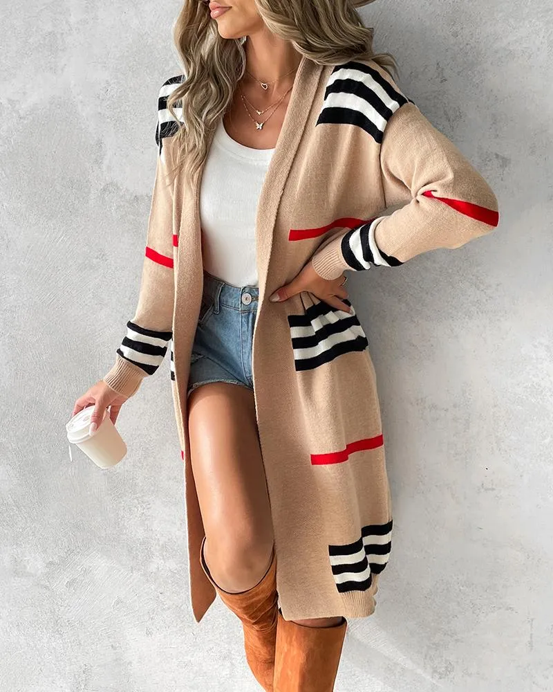 Striped Open Front Longline Knit Cardigan