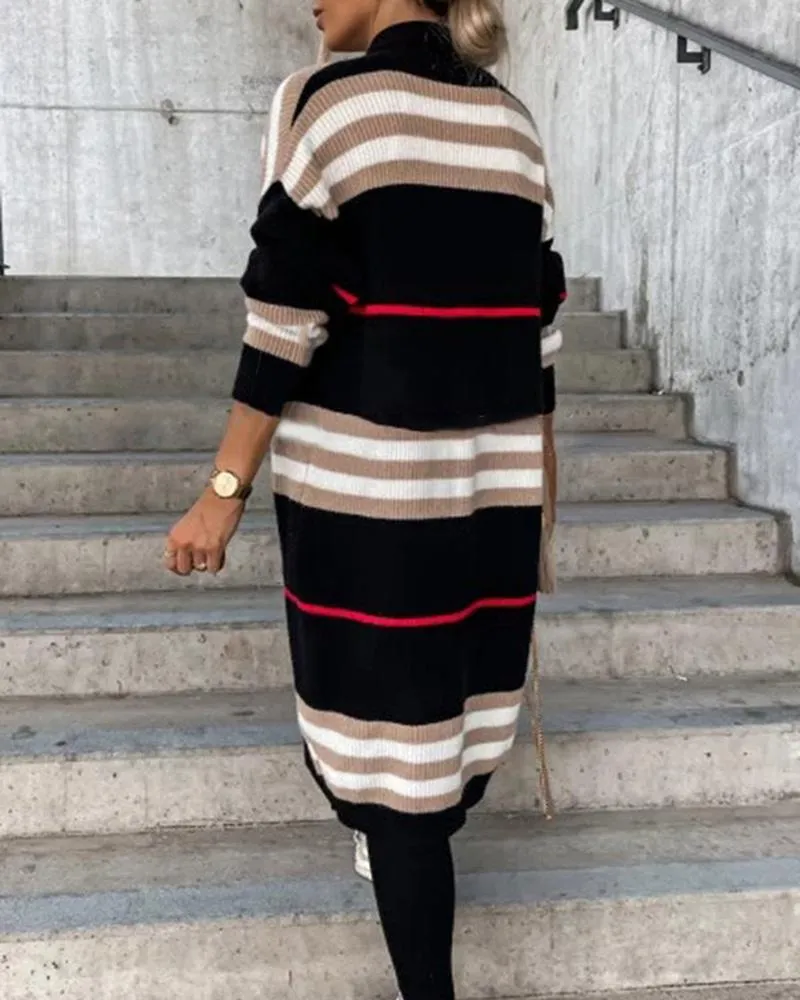 Striped Open Front Longline Knit Cardigan