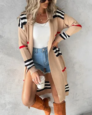 Striped Open Front Longline Knit Cardigan