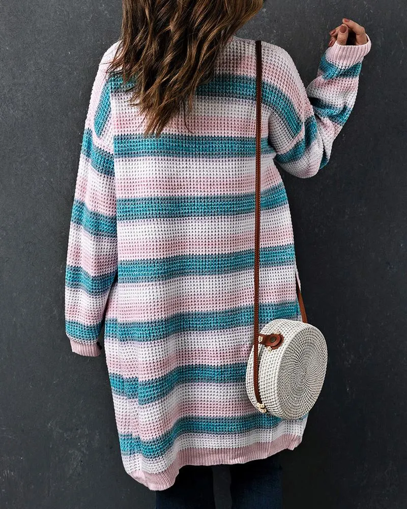 Striped Pocket Design Longline Knit Cardigan