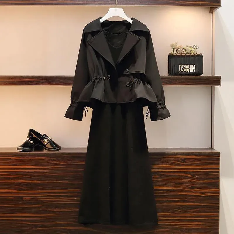 Suit Short Jacket Windbreaker Women's Jacket Plus Size Women's Fat Slim Vest Skirt Two-piece Suit Spring and Autumn