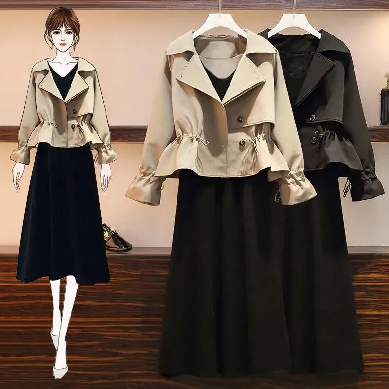 Suit Short Jacket Windbreaker Women's Jacket Plus Size Women's Fat Slim Vest Skirt Two-piece Suit Spring and Autumn
