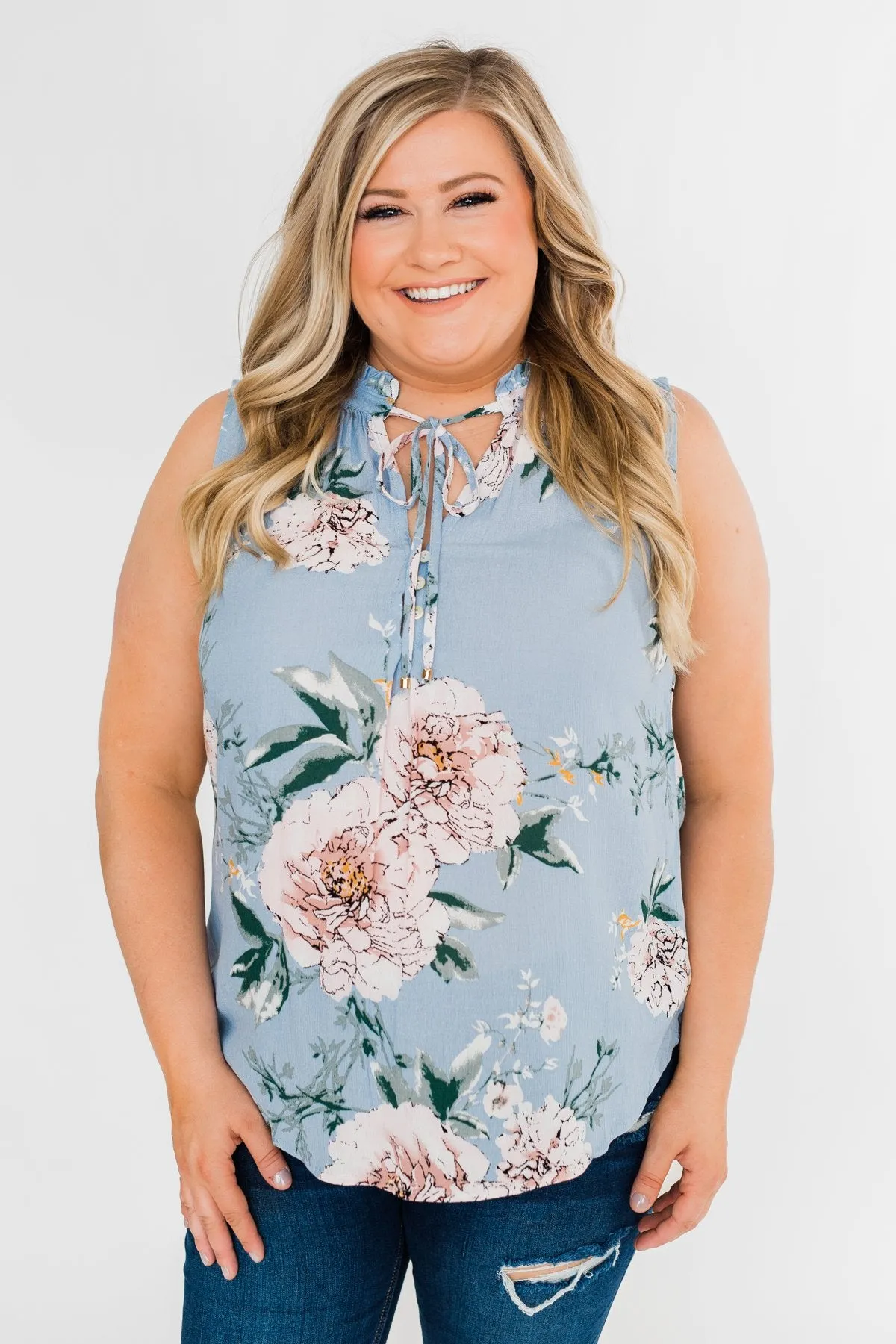 Sweet As Can Be Floral Tie Tank Top- Powder Blue