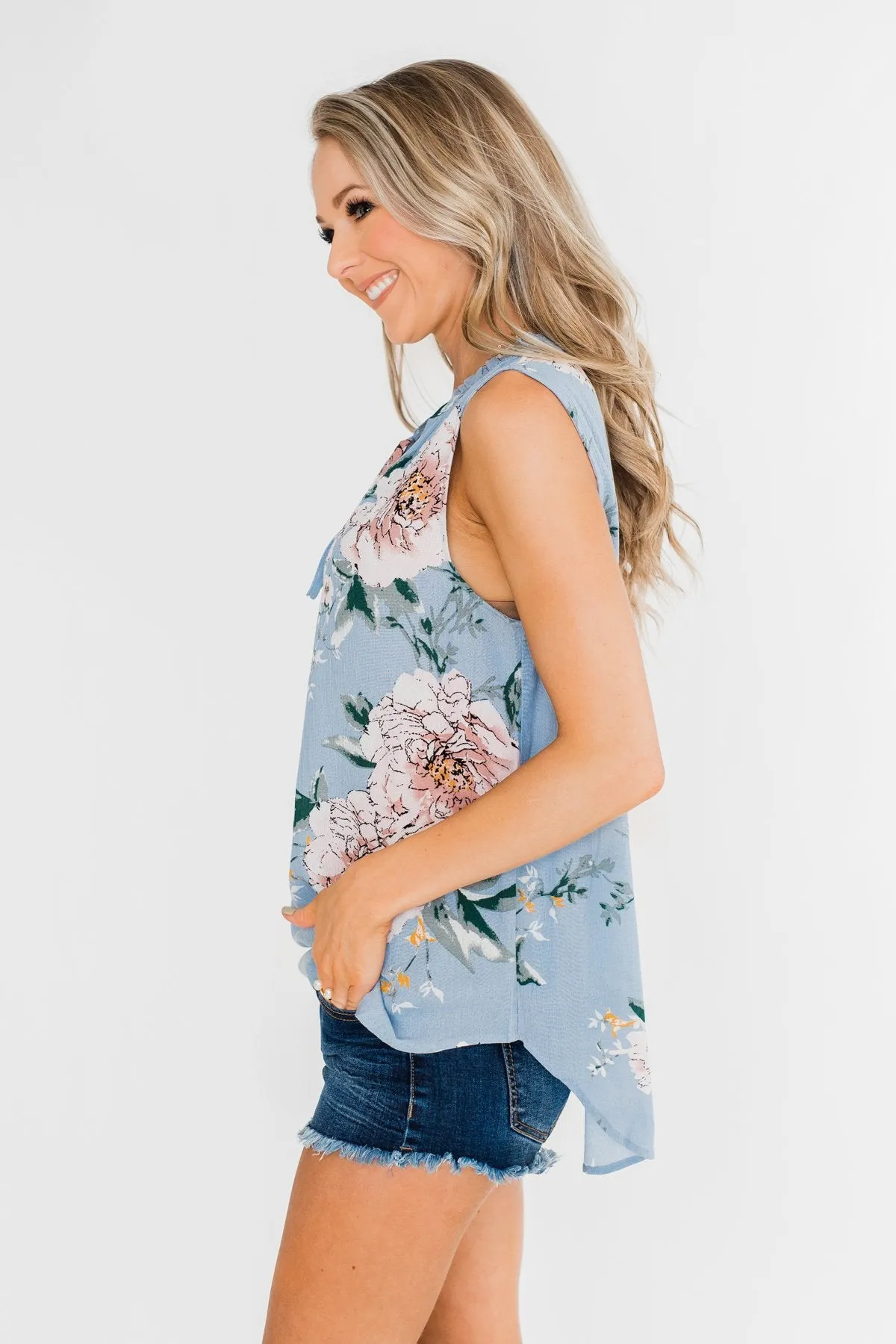 Sweet As Can Be Floral Tie Tank Top- Powder Blue