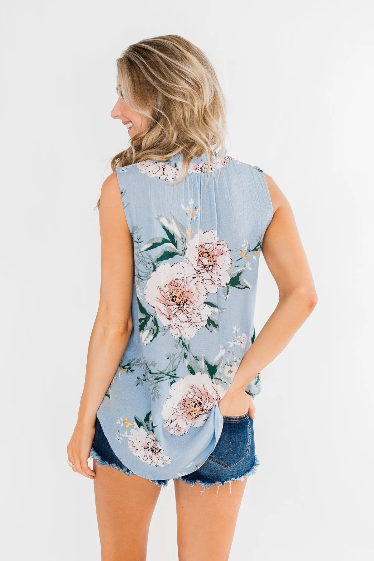 Sweet As Can Be Floral Tie Tank Top- Powder Blue
