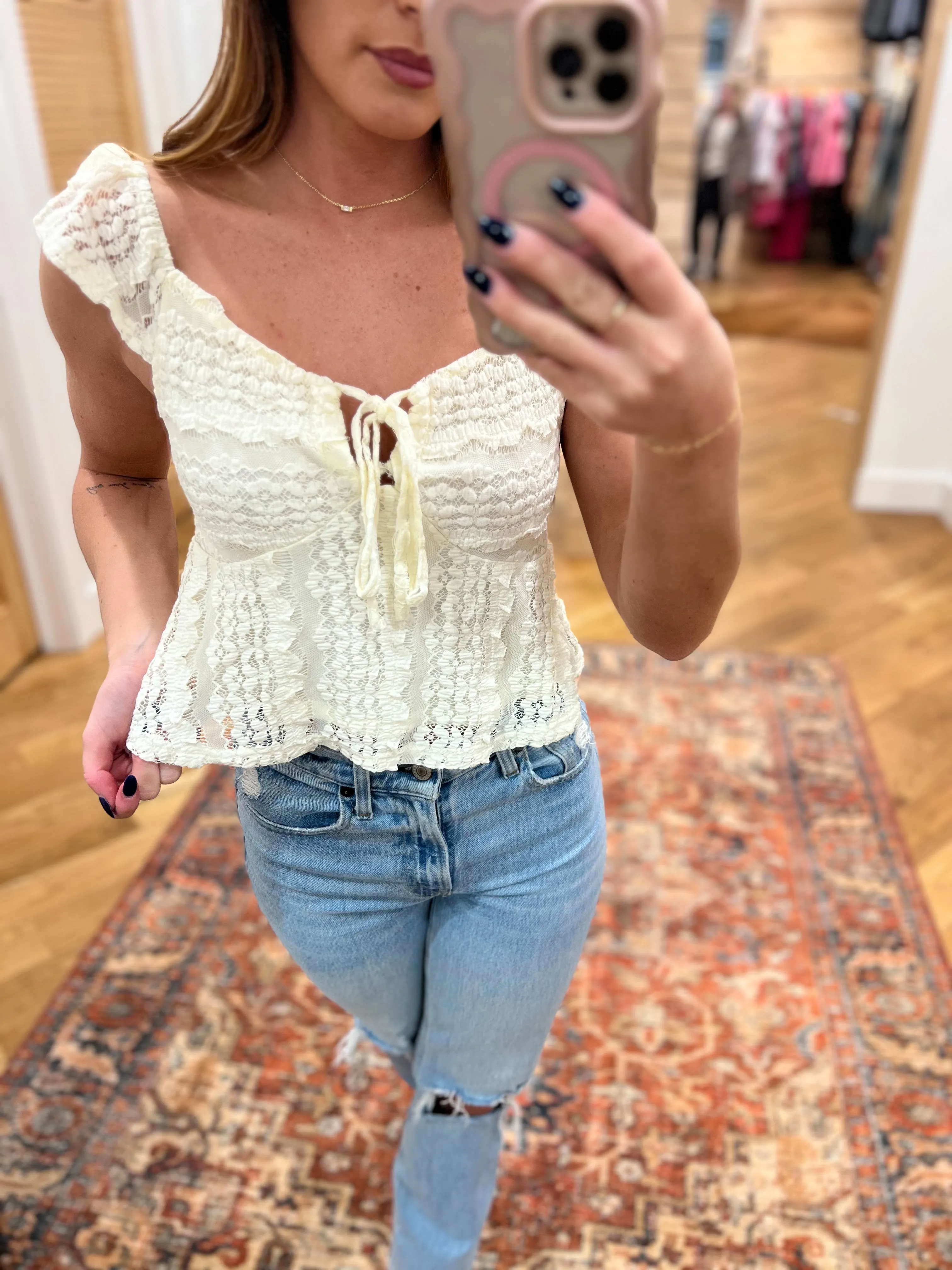 Sweetheart Neck Tie Front Lace Top