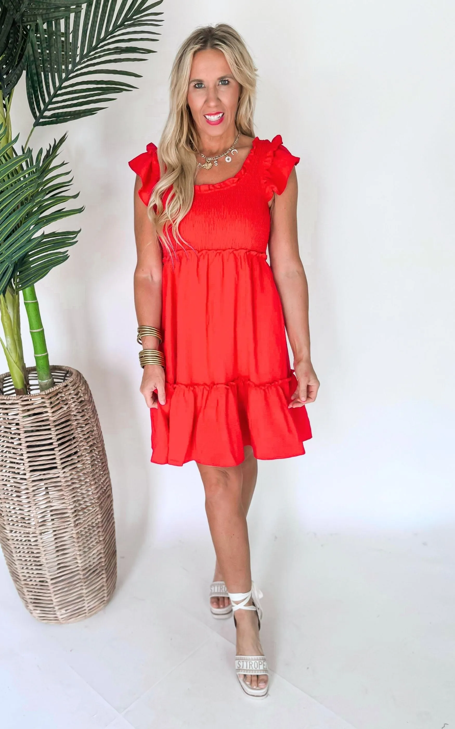 Take Me Dancing Red Ruffled Smocked Dress - Final Sale
